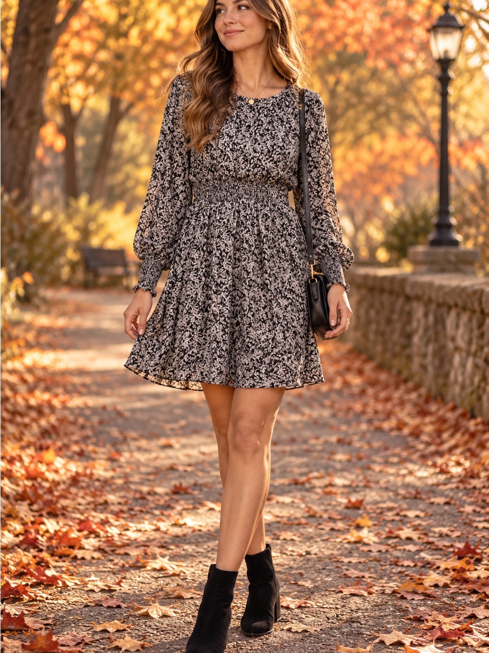 Halston Black & Gray Floral Smocked Waist Long Sleeve Dress Size L